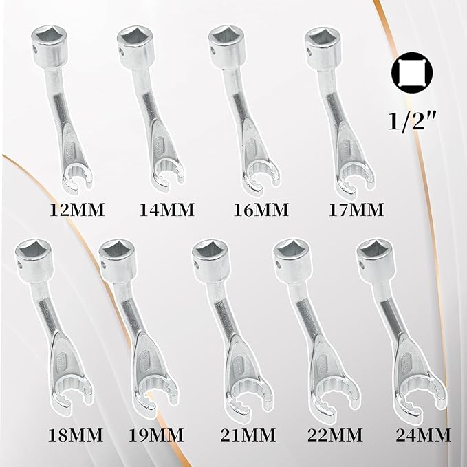 9Pcs Common Rail Injection Fuel Line Socket Set, 1/2" Dr 12mm 14mm 16mm 17mm 18mm 19mm 21mm 22mm 24mm 12 Point Injector Fuel Line Socket, Injection Line Flare Nut Wrench Set