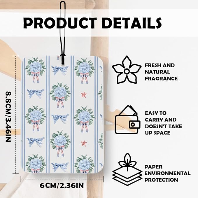 Patriotic Bow Blue Hydrangea Floral Car Air Freshener 3 Pcs, Cottagecore Striped Floral Air Freshener Hanging Decor for Cars Closet Drawer Books Accessories Gifts