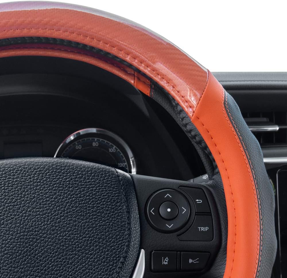 Motor Trend SW-812 Orange Ultra Sport Pebbled Leather Steering Wheel Cover with Carbon Fiber Detail-Universal Fit for Standard Sizes 14.5 to 15.5 inches Black