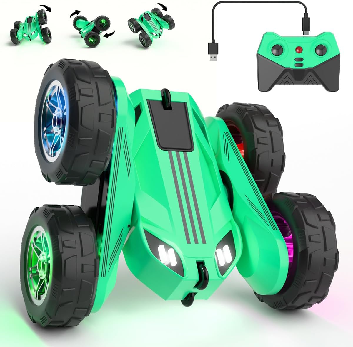MaxTronic Remote Control Car, Rechargeable RC Cars & Remote - 20km/h Double Sided 360° Rotation Stunt Stunt Crawler with LED Lights for Boys Girls Aged 3-12