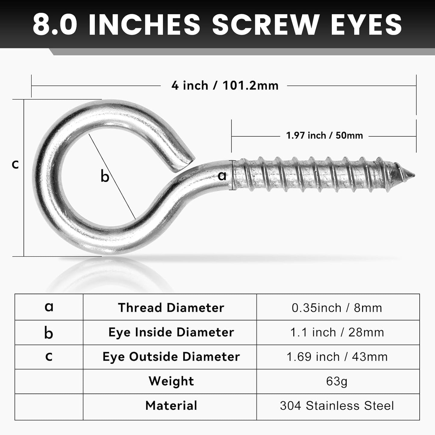 8Pcs Self Tapping Eyelet Screw Eye Bolt，4 Inch Heavy Duty Screw Eyes Hooks ，M8 Wooden Large Screw Eye Hook，Load Capacity 500 Lbs for Hammock ，Yoga，Heavy Indoor Outdoor Uses (8, M8-4 INCH)