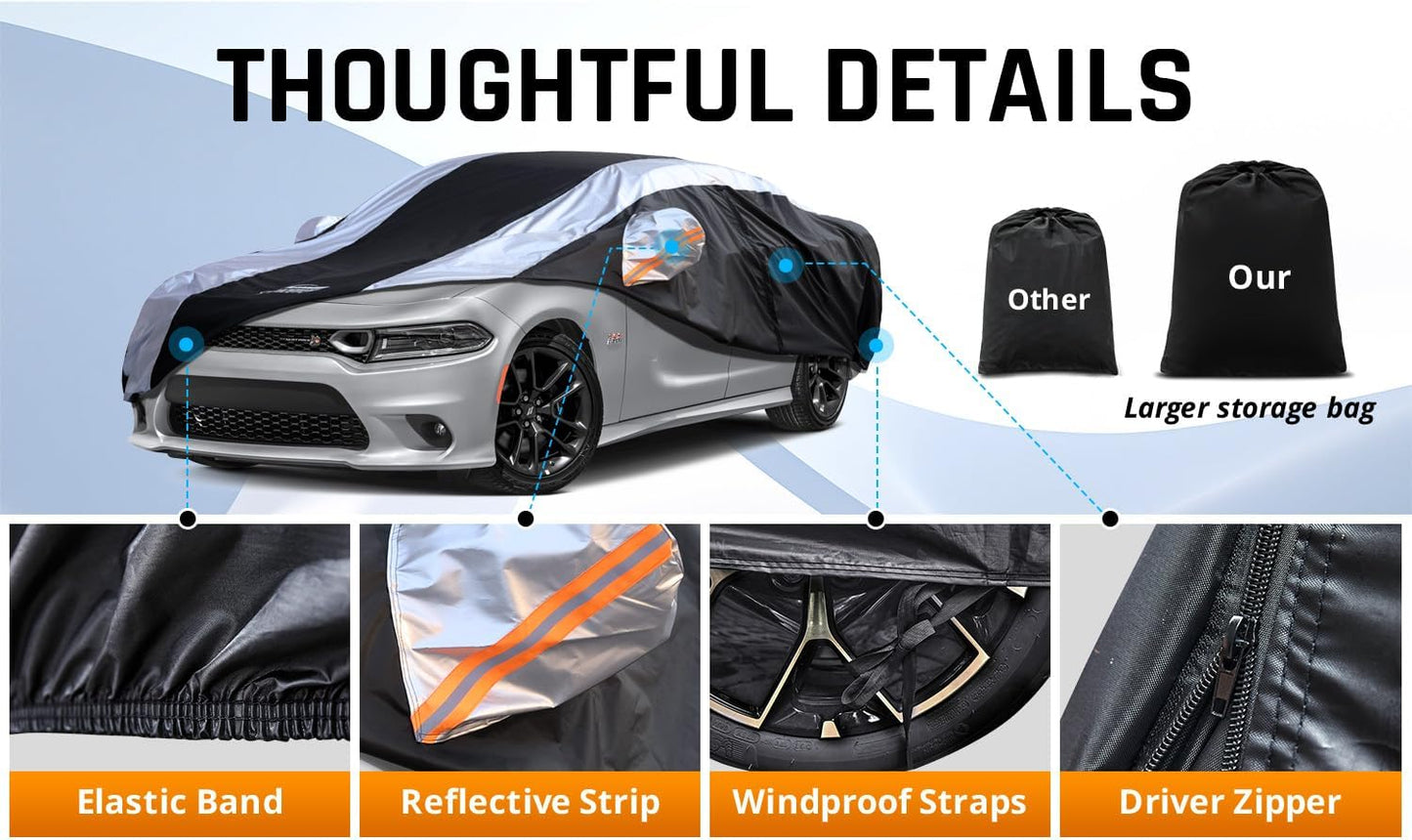 Dodge Charger Car Cover Waterproof All Weather with Silver Strip Design, Custom Fit for Dodge Charger 2006–2023, Charger Accessory with Door Zipper & Windproof Straps