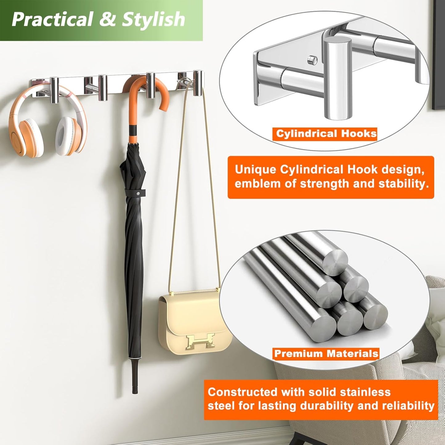 Wall Mounted Coat Rack-4 Hooks, Heavy Duty Stainless Steel Hook Rail for Towel Coat Hat Purse Bag Jacket, Towel Hooks for Entryway Bathroom Kitchen (Glossy 4 Hooks - 1 Pack)
