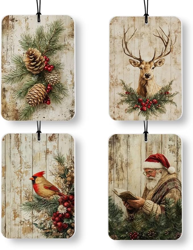 Vintage Christmas Decor,Christmas Car Air Freshener 4 Pcs, Rustic Berry Pinecone Reindeer Cardinal Santa Reading Air Freshener Hanging Decor for Cars Closet Drawer Books Accessories Gifts