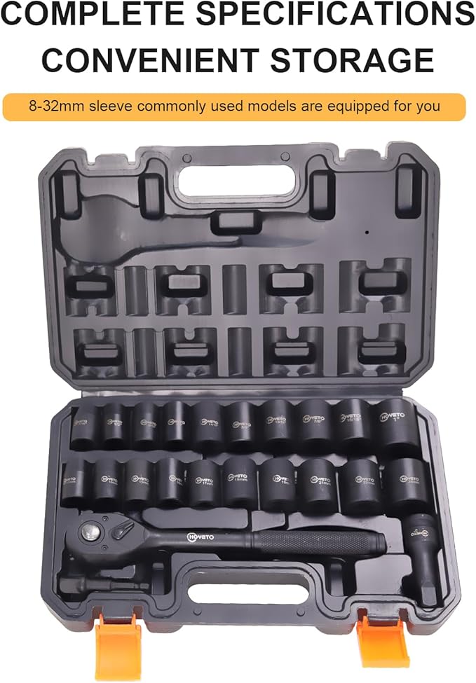 1/2" Drive Impact Socket Set, 23-Piece Metric (13–24mm), 6-Point Cr-V Alloy Steel, with Ratchet Handle & Storage Case – Rugged Construction for Auto Repair