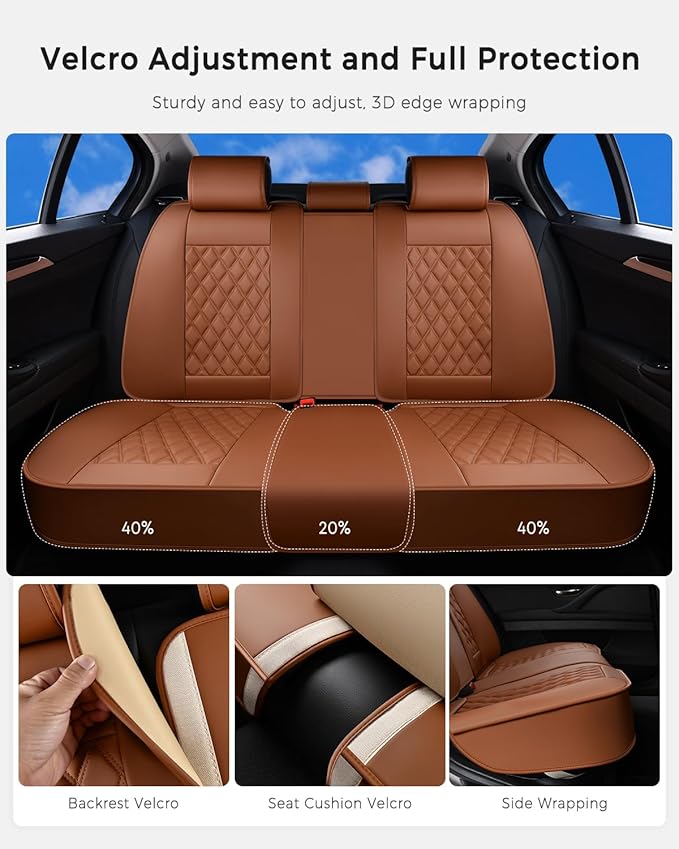 Huidasource Brown Back Seat Covers, Nappa Leather Rear Seat Covers Velcro Adjustable, Compatible with Armrests, Seat belts, Child Safety Seats, Universal Fit for Most Cars SUVs Trucks (Back Row/Brown)