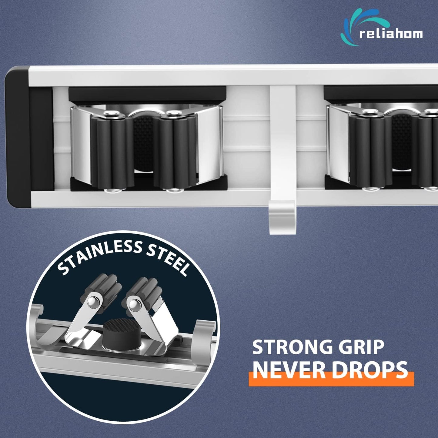 2 Pack Broom Holder Wall Mount Mop and Broom Hanger Wall Mounted Garage Storage Rack Kitchen Garden Tool Organizer (5 Racks with 4 Hooks, Black)