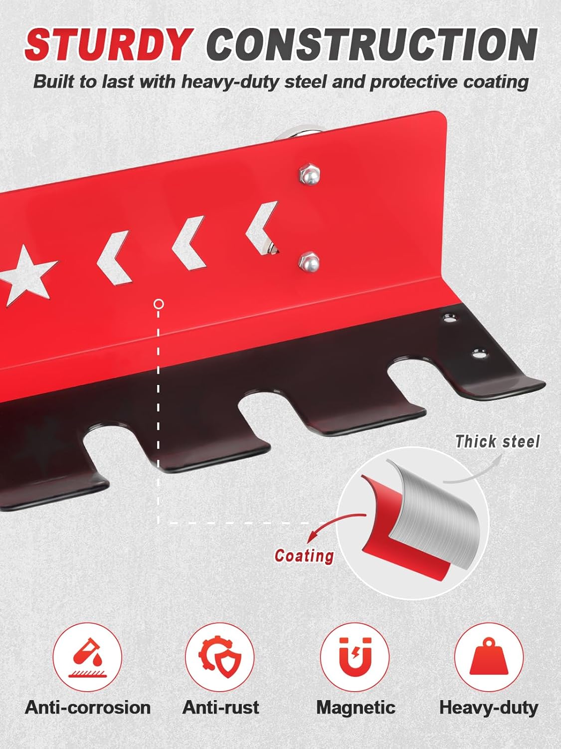 Paint Spray Gun Rack for Magnetic or Wall Mount, Holds 7 Gravity Feed Guns or 4 with Cups, Heavy-Duty Steel Paint Organizer with S-Hooks for Garage, Body Shop or Workshop, Red