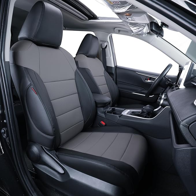 coverdream Rav4 Waterproof Leather Seat Covers Custom Fit for 2019-2024 2025 Toyota Rav4 Hybrid (Not for XSE/SE/Plug-in Hybrid),Full Coverage,Airbag Compatible,Car Seat Protector(Full Set,Black/Gray)