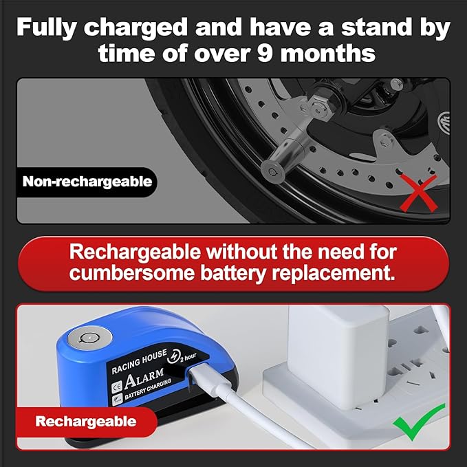 Motorcycle Lock Rechargeable, Alarm Disc Brake Lock with Reminder Cable, 110 dB Alarm Sound, Anti-Theft Waterproof, 2 H Fast-Charging, 9 Months Standby, 7 mm Lock Pin Universal for Bikes