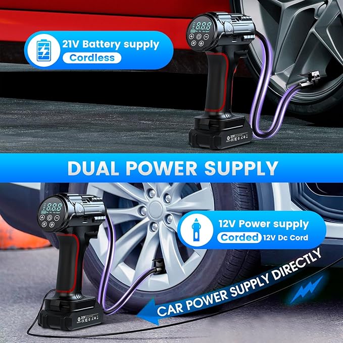 Cordless Air Compressor 160PSI Portable Tire Inflator with 10000mAh Battery & Dual Power System - 2X Faster (35L/min) Auto Shut Off Digital Gauge for Car SUV Truck RV - Black