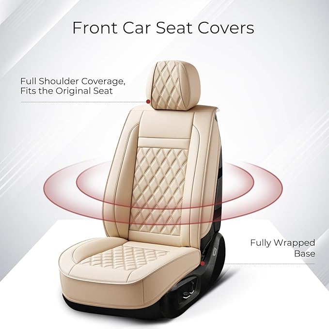 Huidasource Beige Seat Covers Full Set, Nappa Leather Seat Cover Hollow Design Airbag Pops, Front ＆ Back Seat, 5 Layers Seat Covers for Most Cars, Vans, Trucks, SUVs Universal Fit (Full Set/Beige)