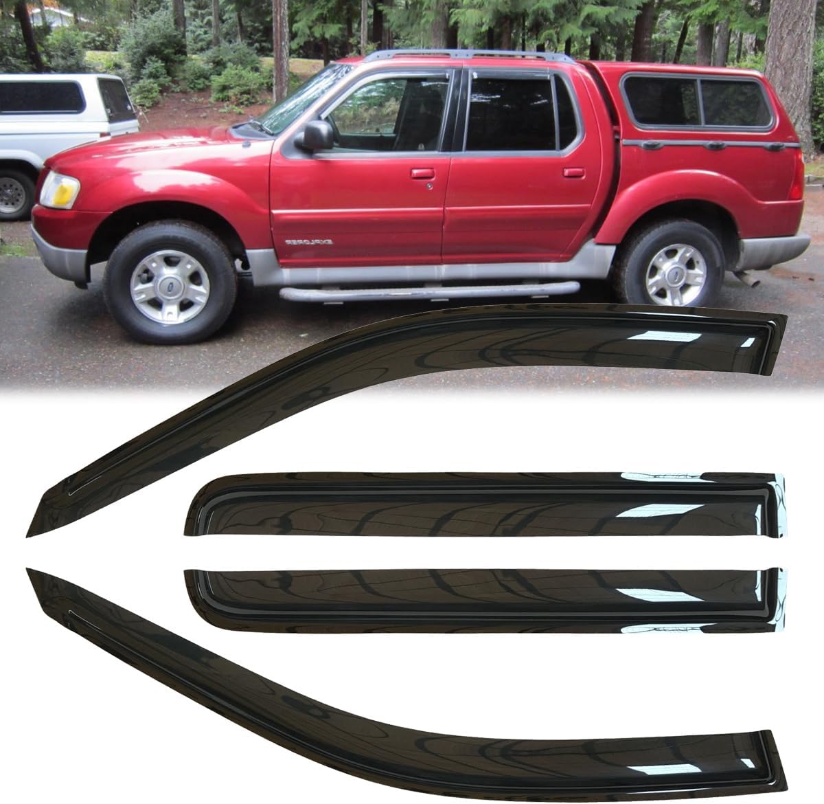 4pcs Original Shatterproof in-Channel Style Window Rain Guards Shield Side Wind Deflectors Dark Smoke Vent Window Visor for 2001-2005 Explorer Sport Trac 1997-2001 Mercury Mountaineer 4-Door 94074