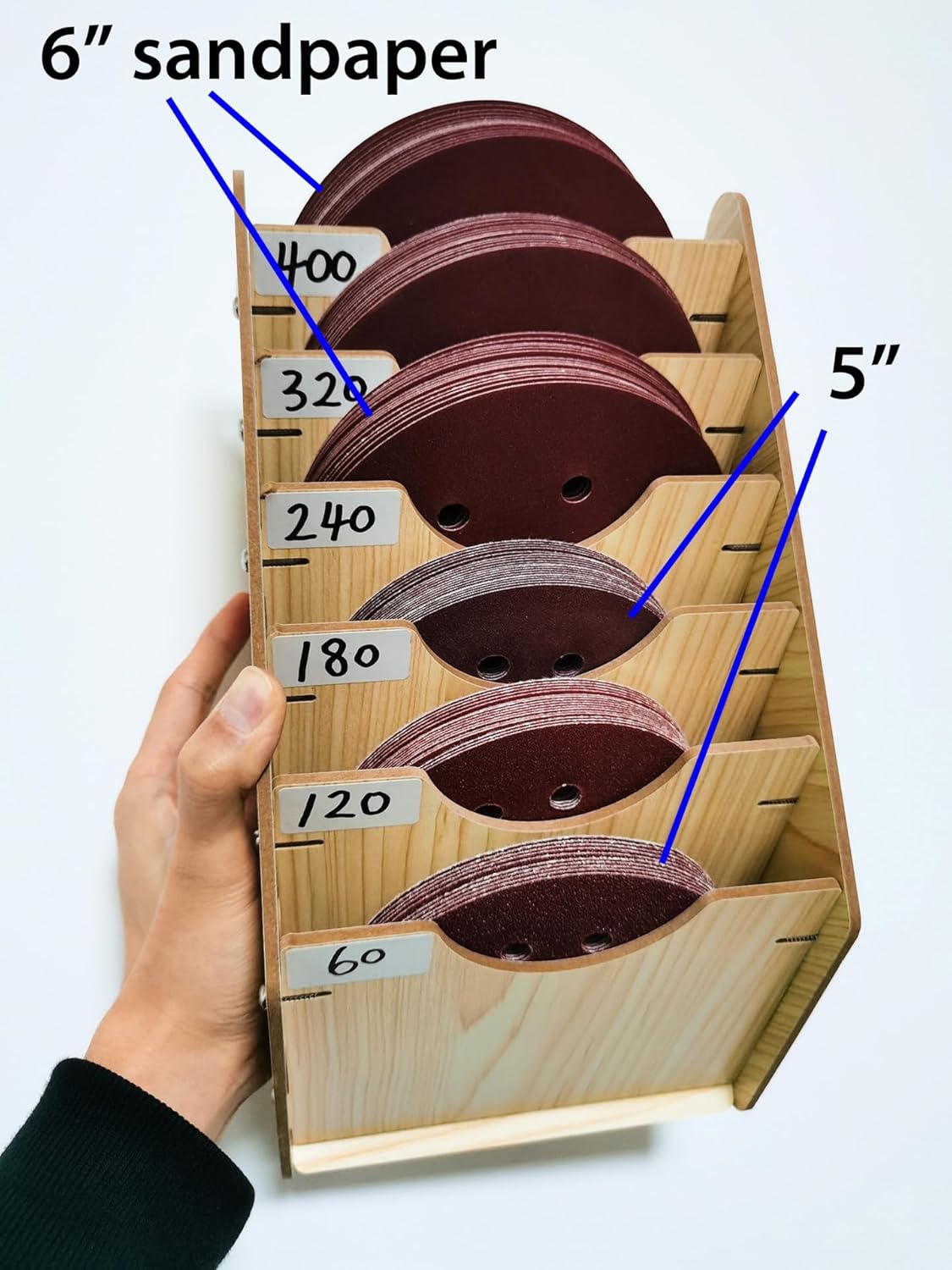 6-Tier Hanging Wooden Sandpaper Storage Holder, Sandpaper Organizer for Sanding Discs 5 Inch 6 Inch, Wall Mount Woodworking Tools Rack(Excluding Sandpaper), Maple Color, 1 Set
