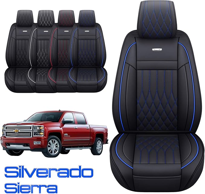 Aierxuan 2Pcs Front Chevy Silverado GMC Sierra Car Seat Covers, Custom Fit 2007-2025 1500 2500 HD 3500 HD Crew, Double, Extended Cab or Pickup Truck, with Waterproof Faux Leather (Black and Blue)