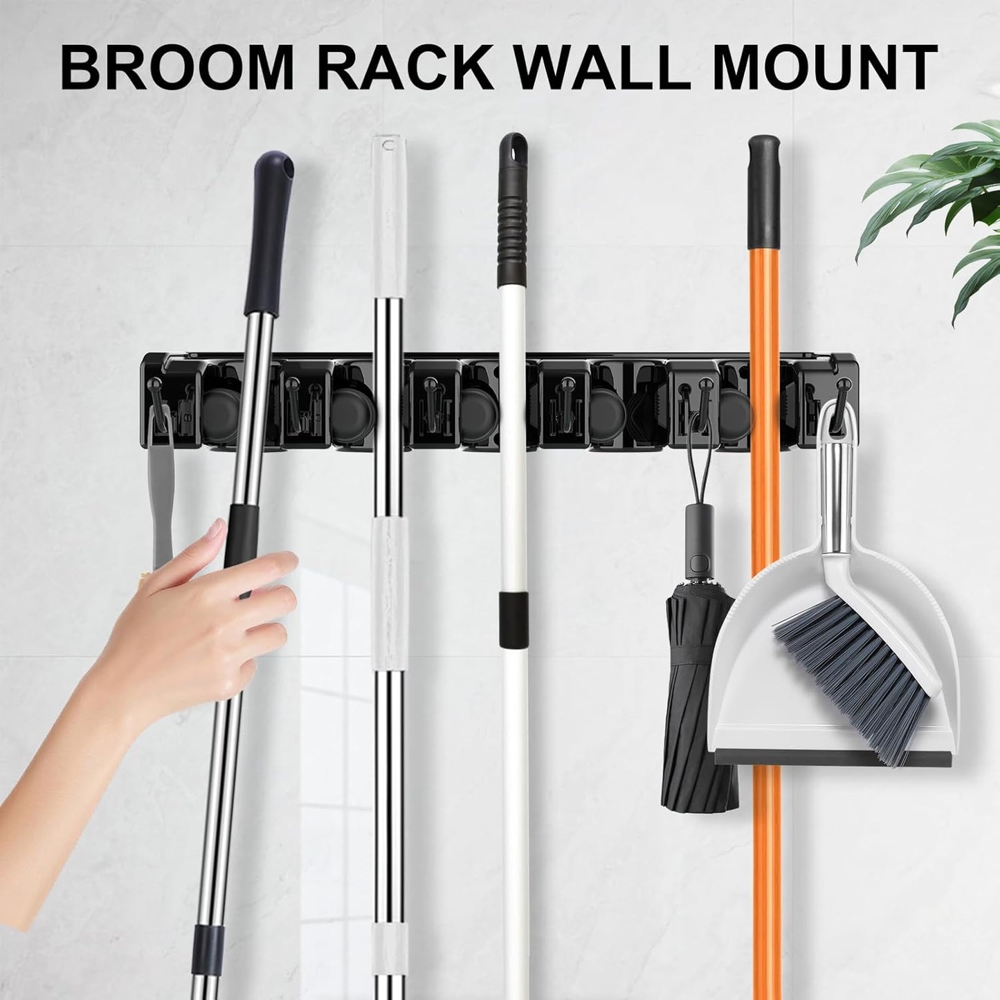 nacena Broom Holder Wall Mount, 2 Packs Black Wall Hanging Garden Tool & Utility Closet Organizer Mop & Broom Hook Wall Mounted Heavy Duty Broom and Mop Organizer Wall Hanging for Bathroom, garage