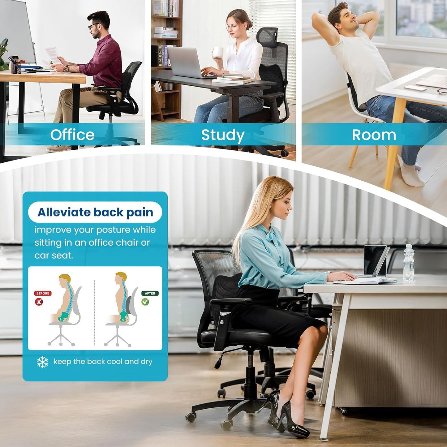 Lumbar Support Pillow Office Chair Car Back Pillow Ergonomic Lower Back Pain Relief Breathable Air Fiber Cushion with Hours Sitting on Worker Driver & Handicapped, Adjustable Strap (Black)