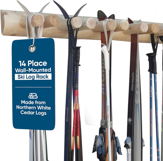 14-Place Log Ski Rack Wall Mount, Indoor Ski Storage Rack for Garage Organizers, Wooden Skis Wall Mount Storage Racks, Pole Skis Sports Racks, Garage Organization Walls - Unfinished