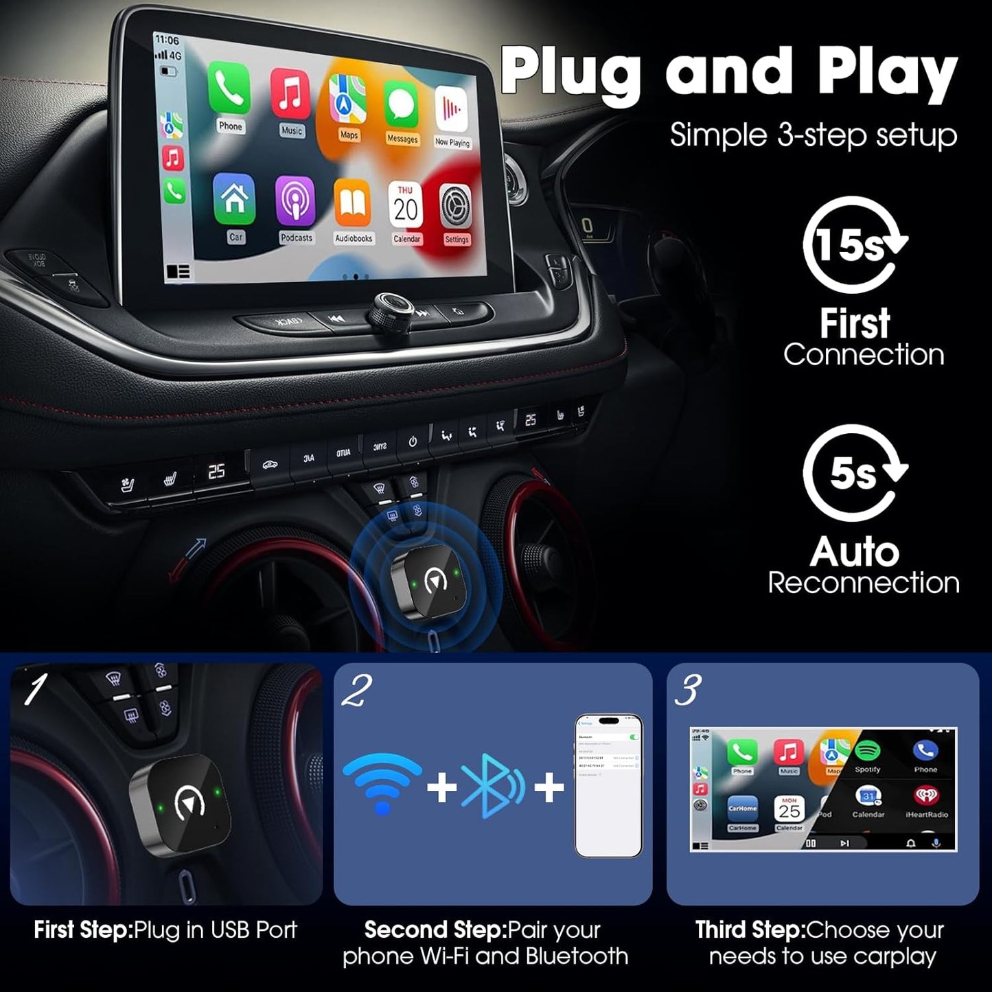 Wireless Carplay Adapter & Android Auto 2025 Upgrade Wired CarPlay to Wireless,2-in-1 Mini USB Design with Fast Stable Connection Car Play for Apple iOS 10+, Android 11+ Version