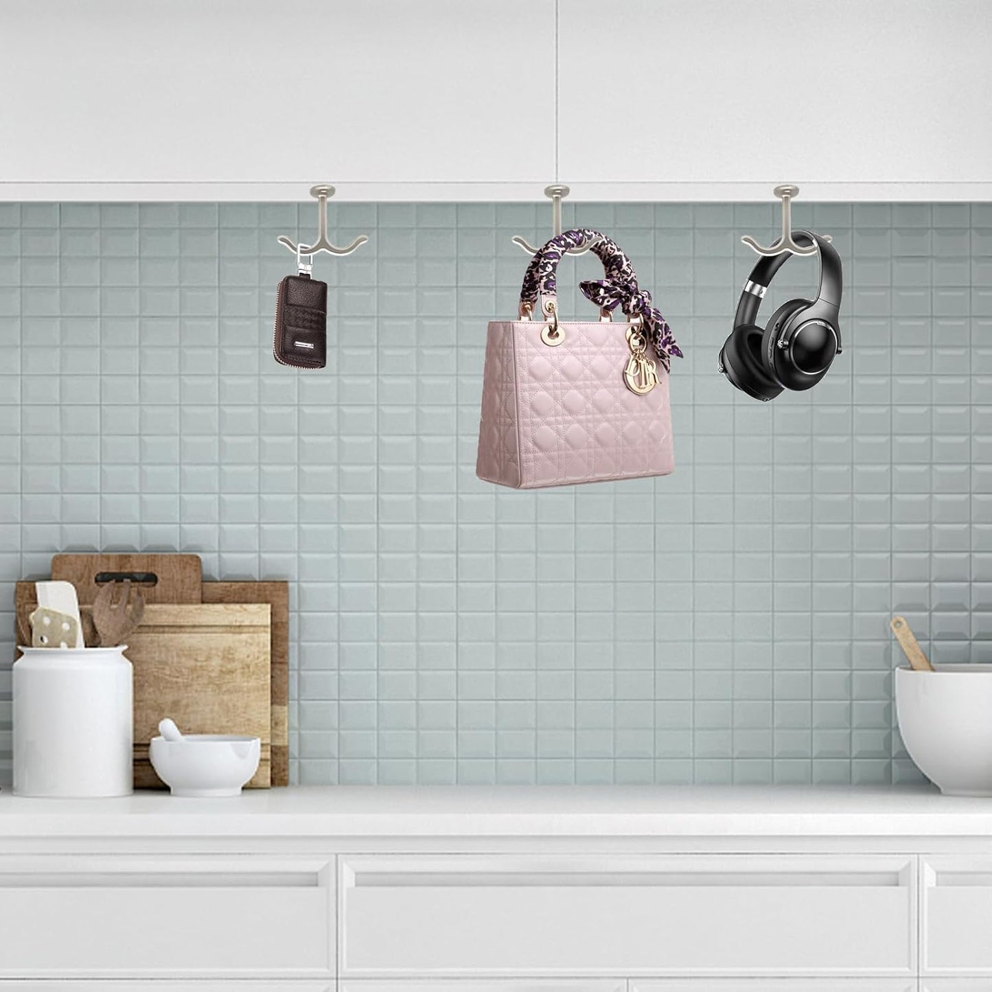 10 Pcs Zinc Alloy Ceiling Double Hook Cabinet Wardrobe Coat Towel Hat Hook Hooks Under Cabinet Shelf (Shiny Silver)