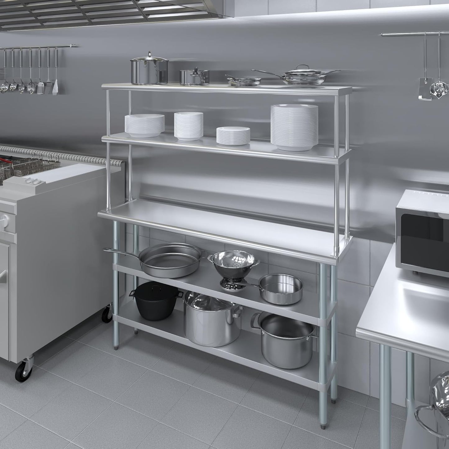 Amgood Stainless Steel Work Table with 2 Shelves | Metal Kitchen Prep Table & Shelving Combo (14" x 60" Table with 2 Shelves + 12" Overshelf)