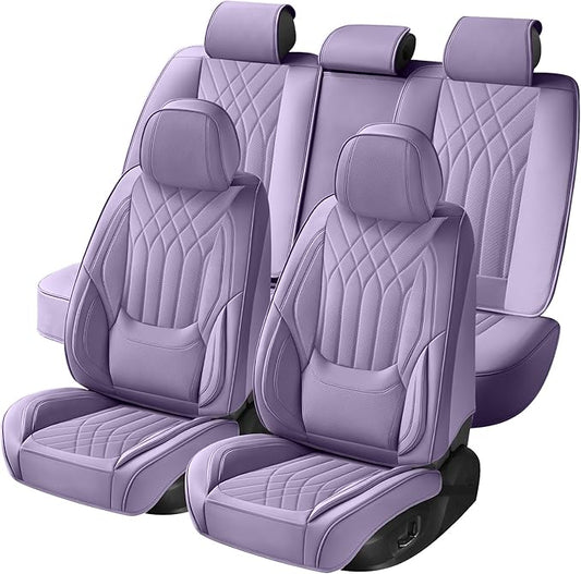 Purple Car Seat Covers Full Set, Luxury Leather Purple Seat Covers for Women, Full Coverage Waterproof Anti-Slip Car Seats Universal Fit for Most 5-Seater Cars SUVs
