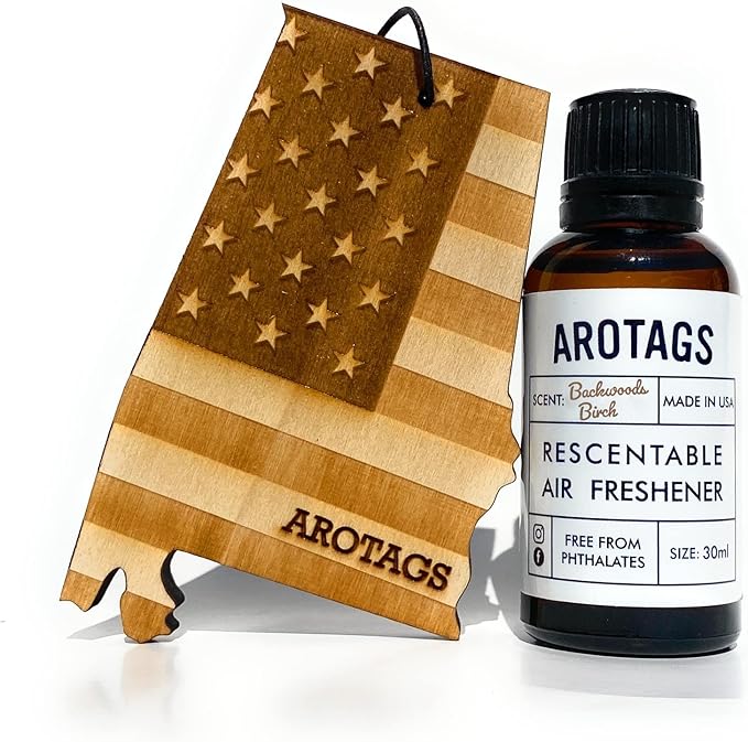 Arotags Car Air Freshener - Reusable Wood Diffuser - Hanging Odor Eliminator - Alabama Patriot - Backwoods Birch Scent