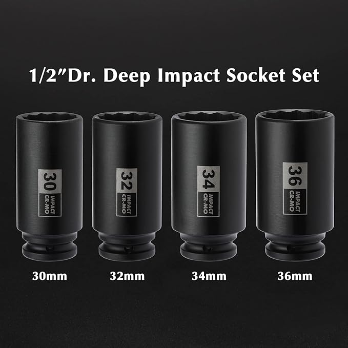EMENTOL 4PCS 1/2" Drive Deep Impact Socket Set, CR-MO, 12 Point, Metric, Deep Spindle Axle Nut Impact Socket Set-30mm, 32mm, 34mm, 36mm