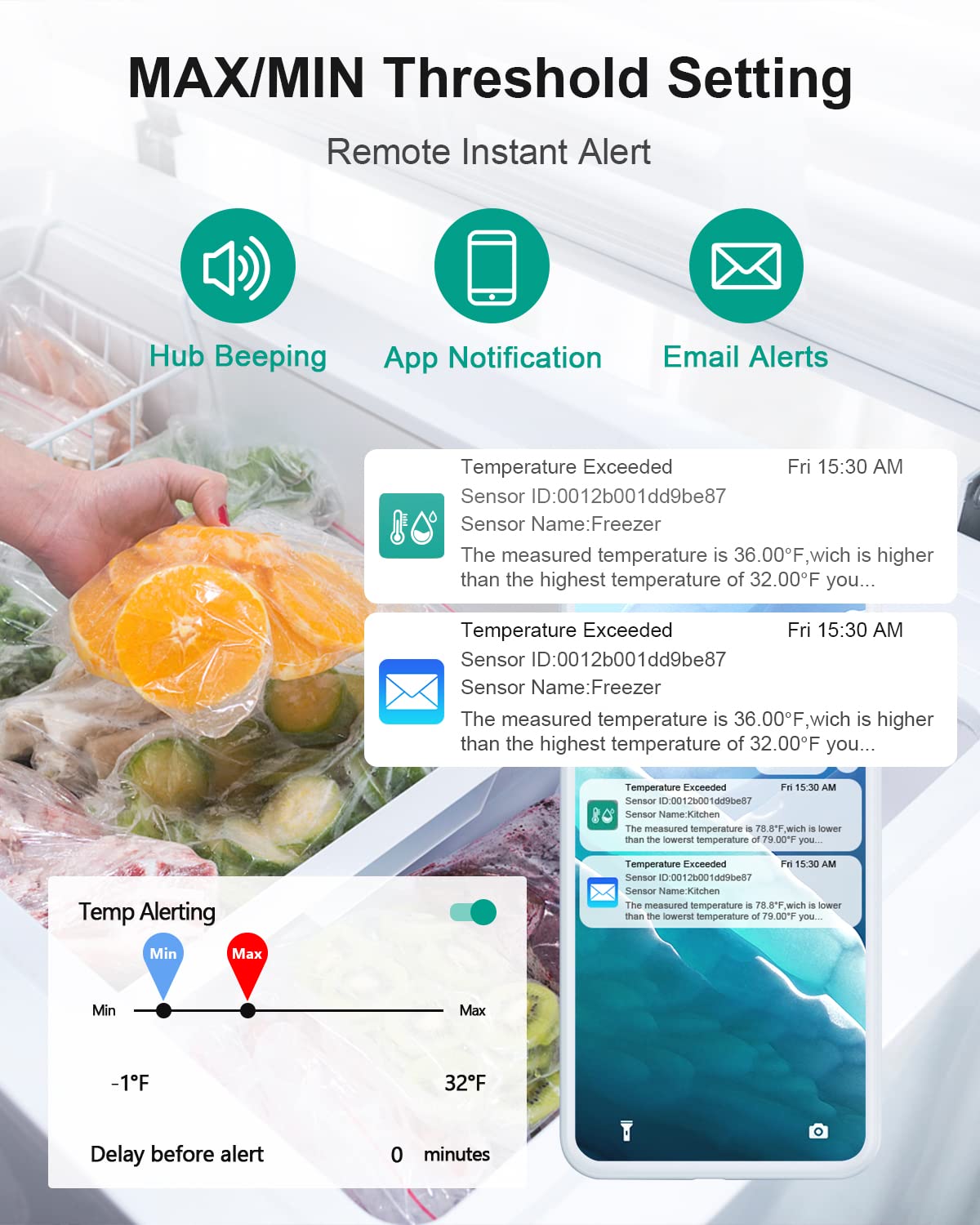 WiFi Thermometer Freezer Alarm, Email Alert, App Notification, Data Record Export, No Subscription Fee, 2 Remote Wireless Temperature Sensors for Refrigerator, Freezer, Hot Tub