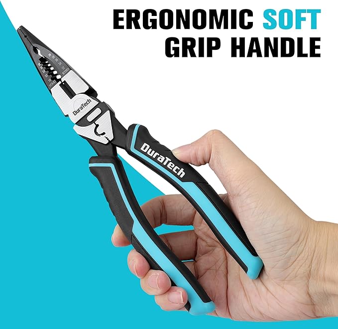 DURATECH 6-in-1 Needle Nose Pliers, 8.5" Multipurpose Long Nose Pliers with Wire Stripper/Crimper/Cutter Function, Heavy Duty Multifunctional Electrician Pliers for Crimping, Stripping, Shearing