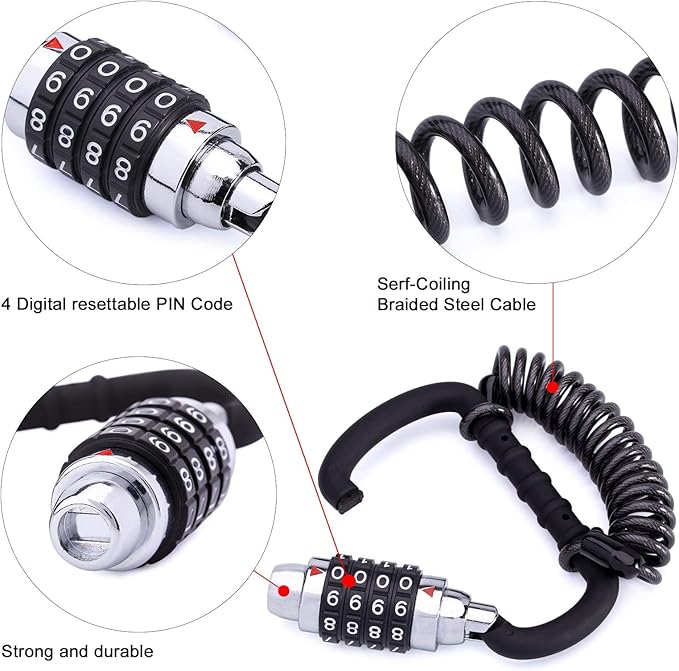 Motorcycle Helmet Cable Lock with 4 Digit Combination,Resettable Bike Lock with T Bar,Anti Theft Retractable Luggage Lock