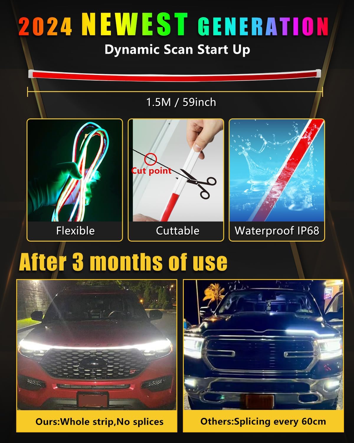 YM E-Bright Car Led Lights Exterior RGB Hood Light Strip Waterproof Multicolor Dynamic Scan Start Up Hoodbeam Kit DRL Daytime Running Lights for Cars,Truck,SUV,APP Remote Control,12V 59inch