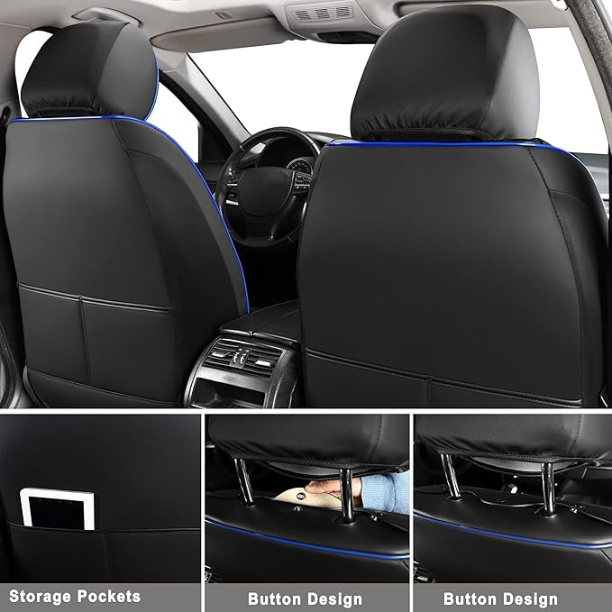 Huidasource Car Seat Covers, Waterproof Leather Vehicle Cushion Covers, Universal Fit for Most Sedan SUV Pickup Truck, Fit for Jeep Acura Honda Civic Nissan Mazda Dodge Buick (Full Set/Black&Blue)