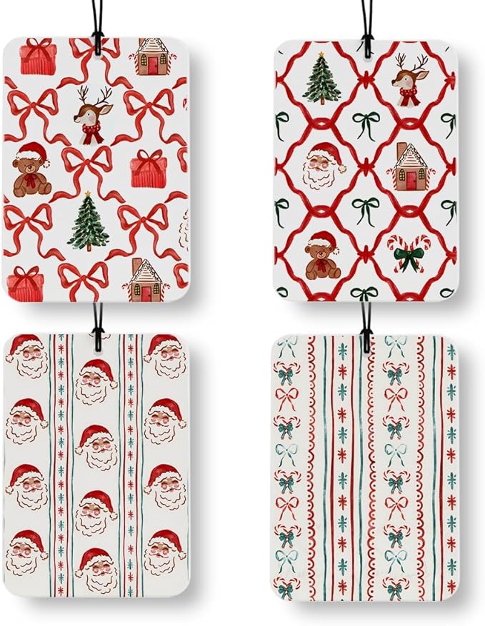 Red and Green Christmas Car Air Freshener 4 Pcs, Coquette Red Bow Christmas Tree Reindeer Santa Candy Bear Air Freshener Hanging Decor for Cars Closet Drawer Books Accessories Gifts