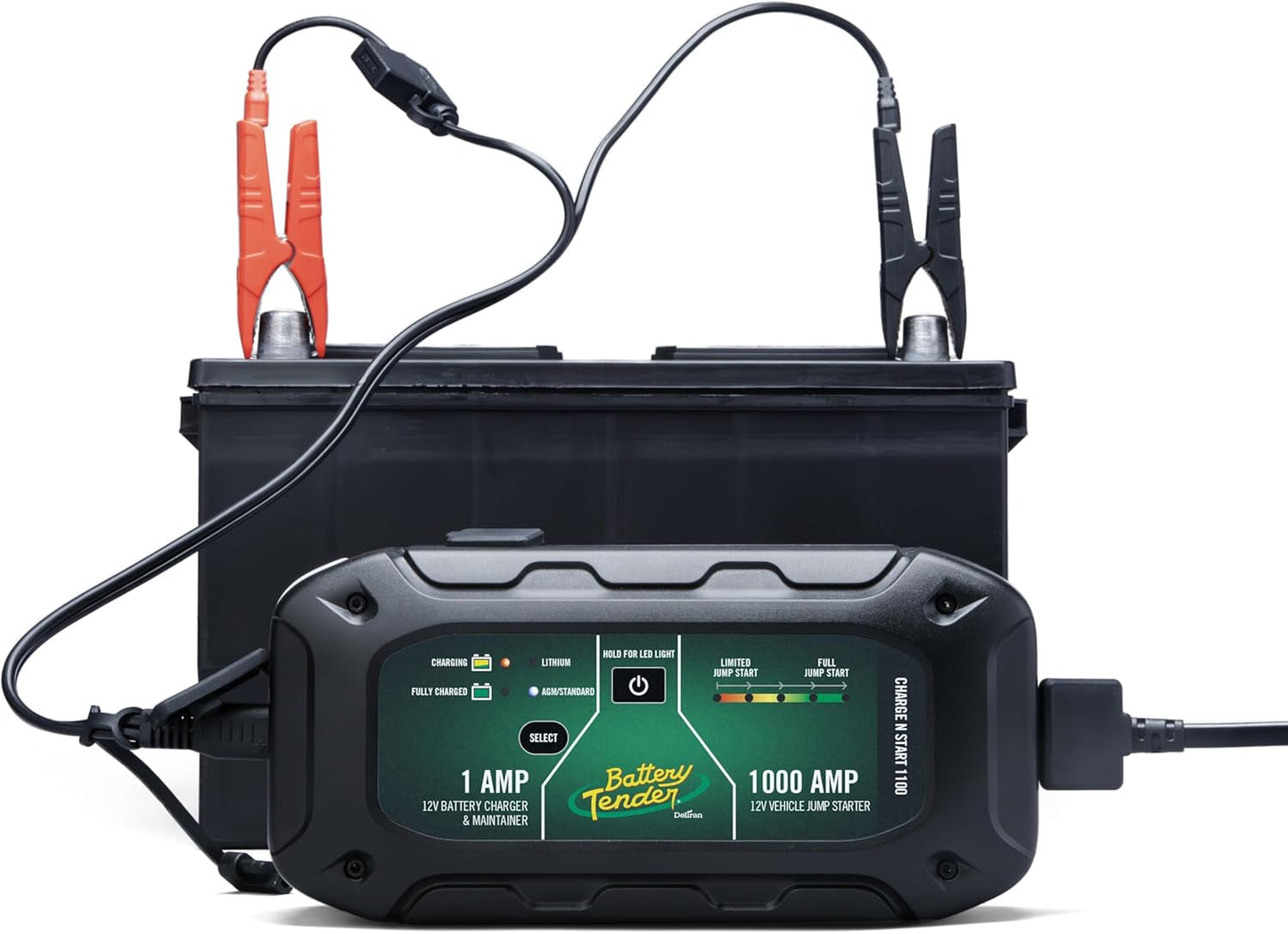 Battery Tender Charge N Start 1100 - Smart 12V/1 AMP Battery Charger and 1000 AMP Jump Starter Combo | 2-in-1 Battery Maintainer for Cars, Motorcycles, ATVs (USA Engineered)
