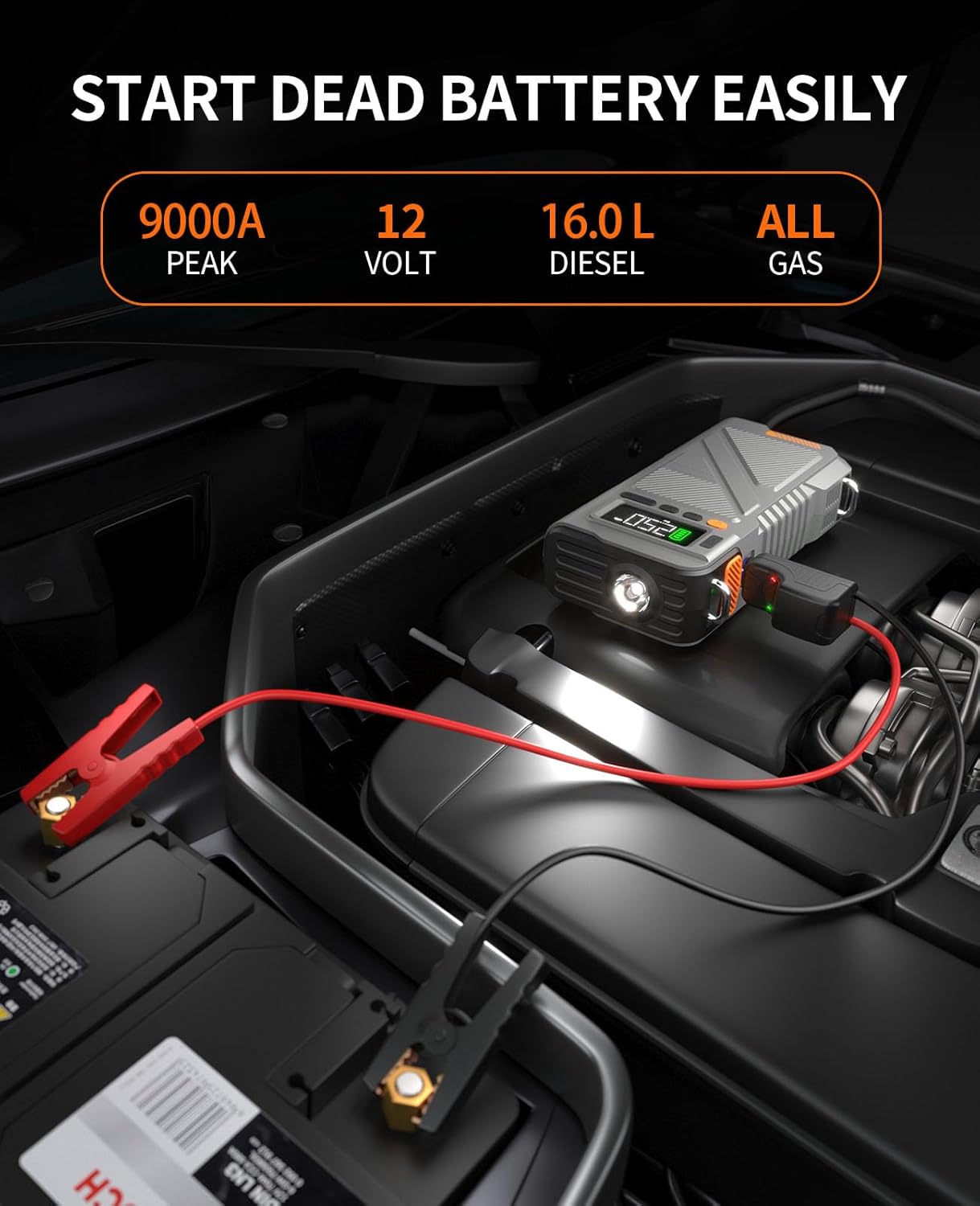 Car Jump Starter with Air Compressor 9000A, 9 in 1 Jumper Box for Car Portable 12V Jump Pack(All Gas/16L Diesel) Combo 150 PSI Tire Inflator & Air Inflator/Deflator Pump w/Extended Jump Cable