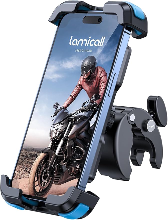 Lamicall Motorcycle Bike Phone Mount - Upgrade Quick Install Handlebar Holder Clip for Bicycle Scooter, Cell Phone Clamp for iPhone Air, 17 16 15 Pro Max, Galaxy, 4.7-6.8" Phones, Blue