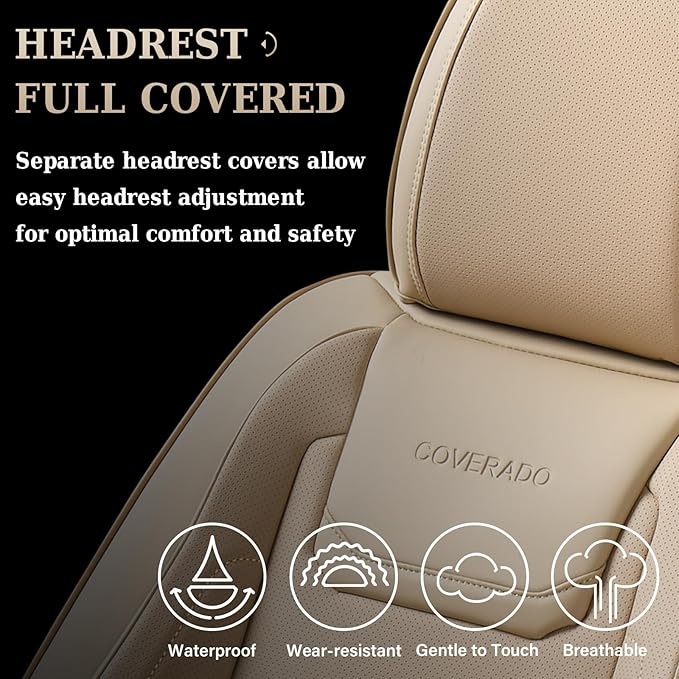 Coverado Car Seat Covers Full Set, Waterproof Car Seat Protector, Leather Seat Cushion, Universal Car Interior Covers Seat Protectors for Most Cars Beige
