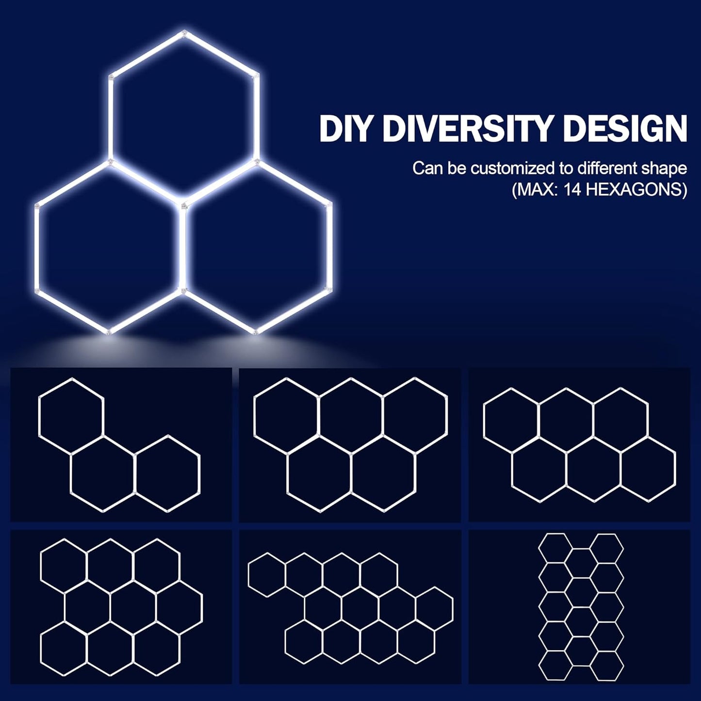 MODERN Hexagon LED Light,105W 12600LM 6500K, 3 Hexagonal LED Shop Light for Auto Shops, Malls & Work Areas