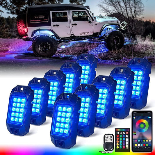 Xprite Bluetooth RGB LED Rock Lights Kit, Multicolor Neon Accent Music Flashing Lighting Underglow Kits with RF Controller for Off-Road, Trucks, Cars, UTV, ATV, SUV, RZR, Motorcycles, Boats - 10 PCS