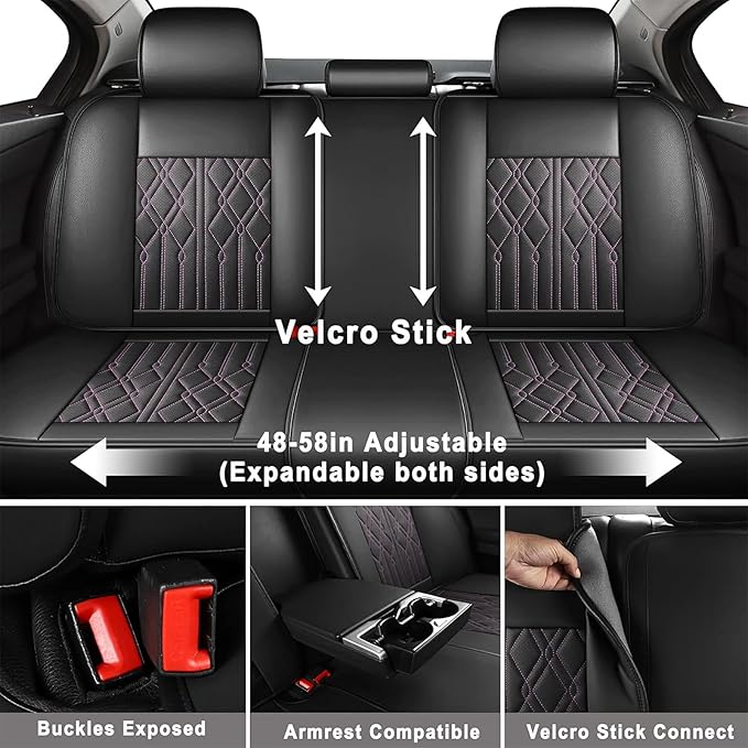 Huidasource Leather Rear Seat Covers, Waterproof Rear Seat Cover for Split Bench, Vehicle Seat Cushion Cover Protector Universal Fit for Most Cars Sedan SUV Pickup Truck(Back Row/Black&Purple)