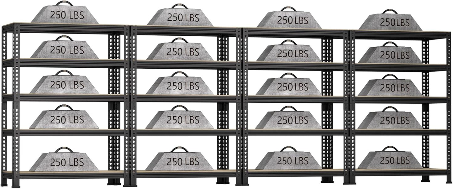 5-Shelf Heavy Duty Shelving - Adjustable Garage Storage Shelves, Metal Utility Storage Racks for Warehouse Pantry Basement Kitchen, Garage Organizers Shef Unit, Black, Packs of 4