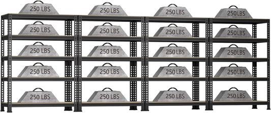 5-Shelf Heavy Duty Shelving - Adjustable Garage Storage Shelves, Metal Utility Storage Racks for Warehouse Pantry Basement Kitchen, Garage Organizers Shef Unit, Black, Packs of 4