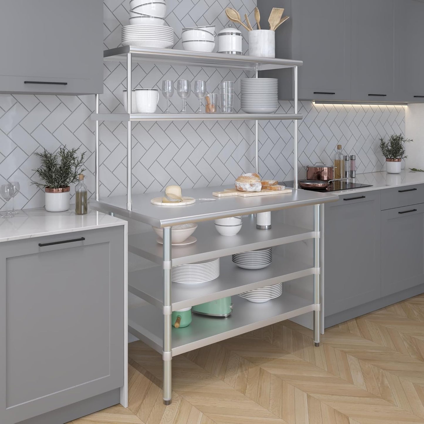 Amgood 30" x 48" Stainless Steel Work Table with 3 Shelves and 18" Wide Double Tier Overshelf | Metal Kitchen Prep Table & Shelving Combo | NSF