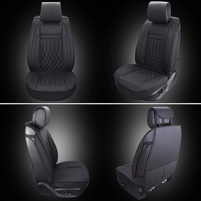 Aierxuan 2pcs Car Seat Covers Front Set with Waterproof Leather, Airbag Compatible Automotive Vehicle Cushion Cover Universal Fit for Most Cars (Black)