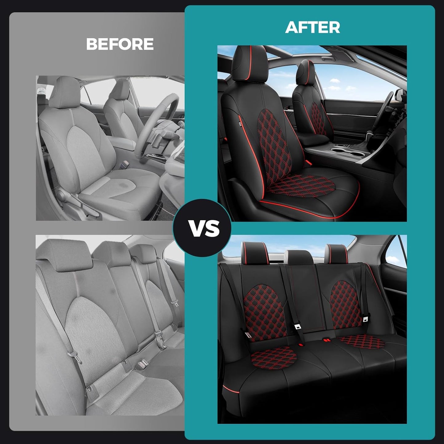 for Toyota Camry Seat Covers Hybrid LE SE 2018 2019 2020 2021 2022 2023 2024 - Custom Car Seat Covers Full Set, Waterproof Breathable Seat Cover for Cars, Leather Cushion Protectors Black Red