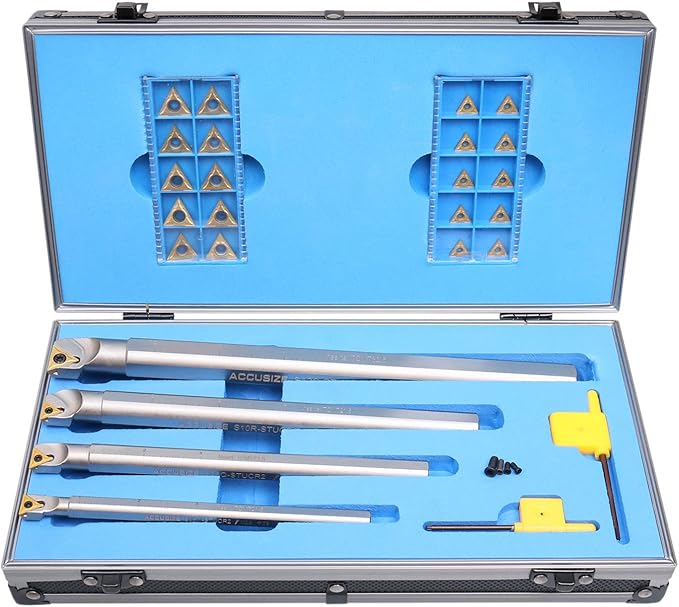 Accusize Industrial Tools 3/8, 1/2, 5/8 & 3/4 inch, 31 Pc Right Hand Stucr Indexable Boring Bar Set Including 20 Pc Tcmt Inserts, P252-S412