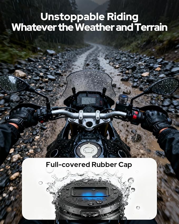 Motorcycle USB Charger, Waterproof 18W QC3.0 & 30W PD3.0 DIN Plug to USB Adapter with On-Off Switch & Voltmeter, Aluminum Phone Charger for 12V/24V BMW Ducati Triumph
