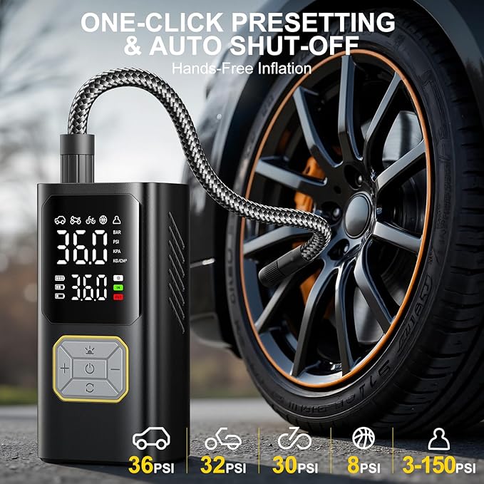 Tire Inflator Portable Air Compressor, 150PSI Air Pump for Car Tires, Cordless Air Compressor Pump with Digital Pressure Gauge, Auto Shut-Off Tire Pump