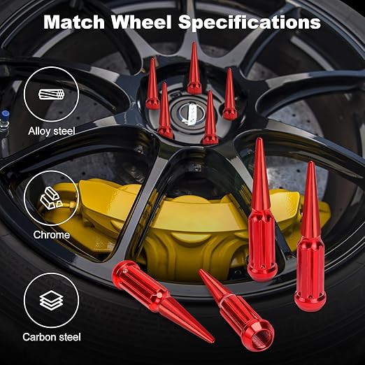 9/16-18 Spike Lug Nuts - 32 PCS Red Spiked Lug Nuts 9/16 Solid 4.4" Tall Acorn Lug Nut with 1 Socket Key Replacement for 1994-2010 Ram 2500/3500, 1984-1997 F250/F350, 1974-1988 J20